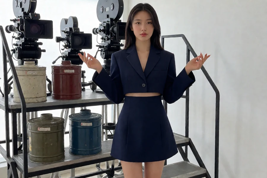 成人电影在线观看START-128:青空光作品番号目录中,成年东亚表演者在影片灯光与器材室穿深蓝短款西装与高腰短裙,站在两台电影摄影机与三只金属胶片罐之间比较器材年代,不代表本人实拍