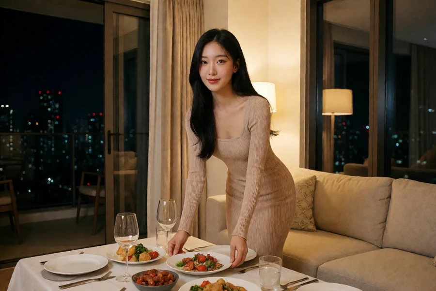 成年都市女性在暖色现代公寓穿不透修身针织裙,在落地窗与沙发之间整理晚餐桌,属于成人电影在线观看的女友居家短片在暖色现代公寓栏目